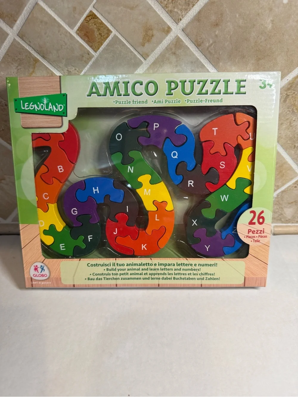 Legnoland Amico Puzzle Wooden Alphabet Animal 26-Piece Learning Toy New.